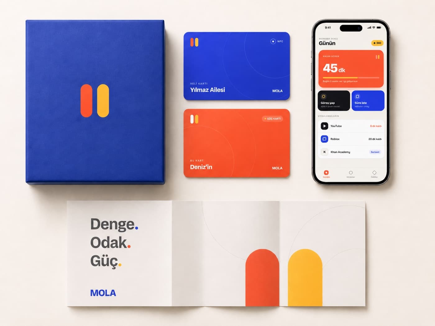 Mola kutusu düz çekim · iki kart, sözleşme posteri, kılavuz